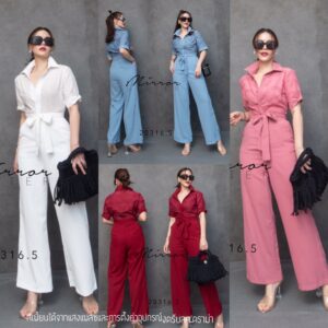(MegaSALE) WavY wavE Embroided JumpsuiT จั้มสูทสีพื้น ชุดติดกันขายาว เรียบเก๋ สุภาพด้านบนเป็นเสื้อเชิ้ตปักฉลุ