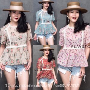 FW Lamoon Mini Flower Top เสื้อผ้าฉลุลายดอกหวานพริ้ว เสื้อปักลายดอก เสื้อลายดอก แต่งกุ๊นลูกไม้ที่คอ แถบลูกไม้ช่วงอก