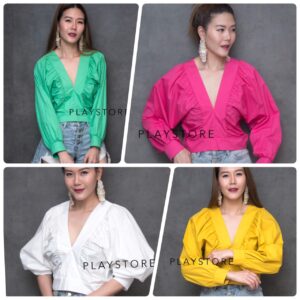 Mirror Sister ViVi Coco Top เสื้อคอวี จับย่นช่วงอก เก๋ๆ แขนยาวถกได้ แพทเทิร์นน่ารัก สีสวยสด แมทช์คู่กับอะไรก็เก๋