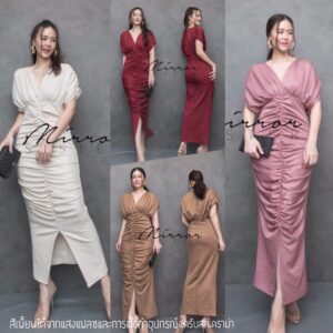 LX Femme Glitter MaxiDress เดรสโดดเด่นสวยสง่า ผ้ามีtexture ผ้าวิ้งๆ เดรสคอวี แขนในตัว ทรงค้าวคาว เข้ารูป แต่งจับย่น